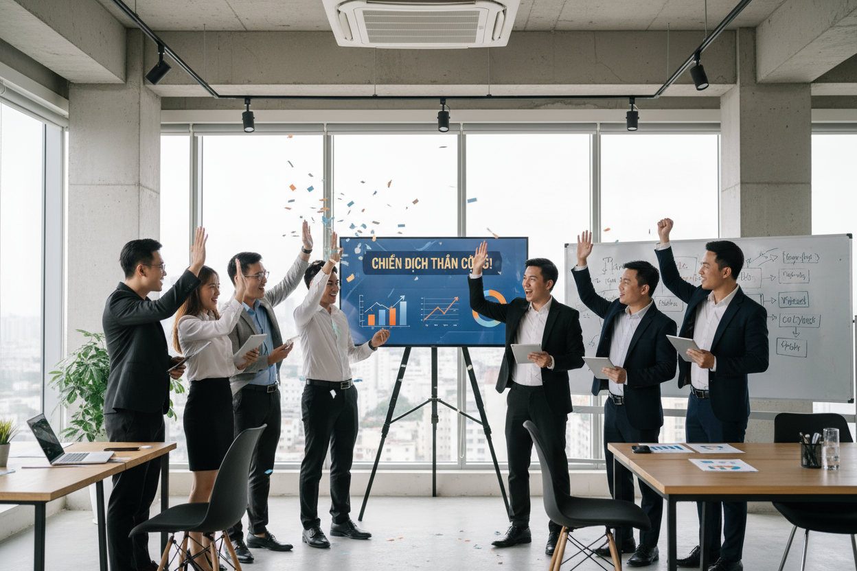 Đội ngũ ăn mừng thành công Dịch Vụ Marketing Bắc Kạn