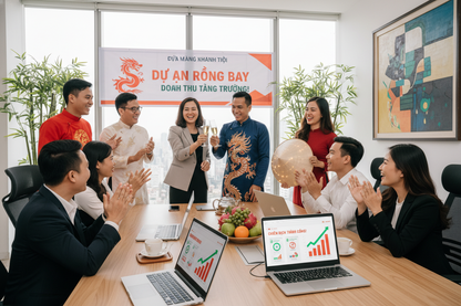 Đội ngũ ăn mừng chiến dịch thành công Dịch Vụ Marketing Sầm Sơn