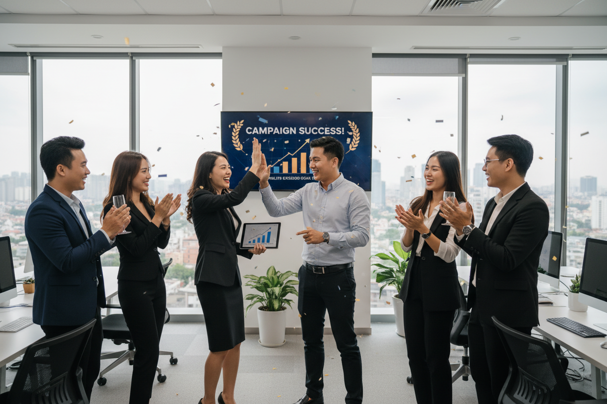 Đội ngũ ăn mừng thành công Dịch Vụ Marketing Tại Vinh